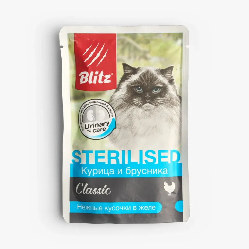 Корм Blitz Classic влажный курица и брусника для стерилизованных кошек 85 г