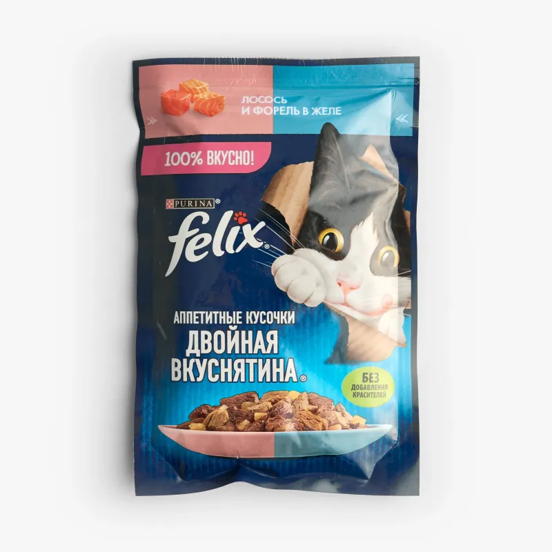 Корм Felix влажный двойная вкуснятина лосось и форель в желе для взрослых кошек, 75 г