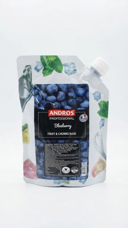 Фруктовая основа с черникой «Andros Professional Blueberry Fruit & Chunks Base» (масса нетто: 1 кг).
