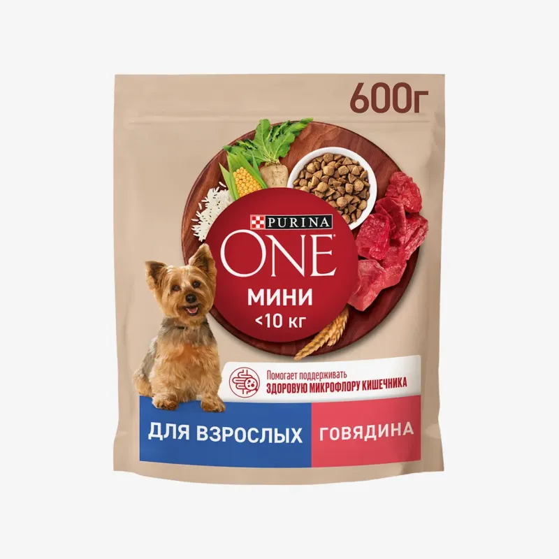 Корм Purina one сухой для взрослых собак мелких и карликовых пород с говядиной и рисом пакет 600 г