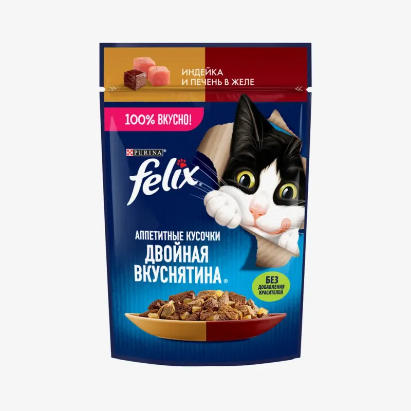Корм влажный Felix двойная вкуснятина индейка и печень в желе для взрослых кошек, 75 г
