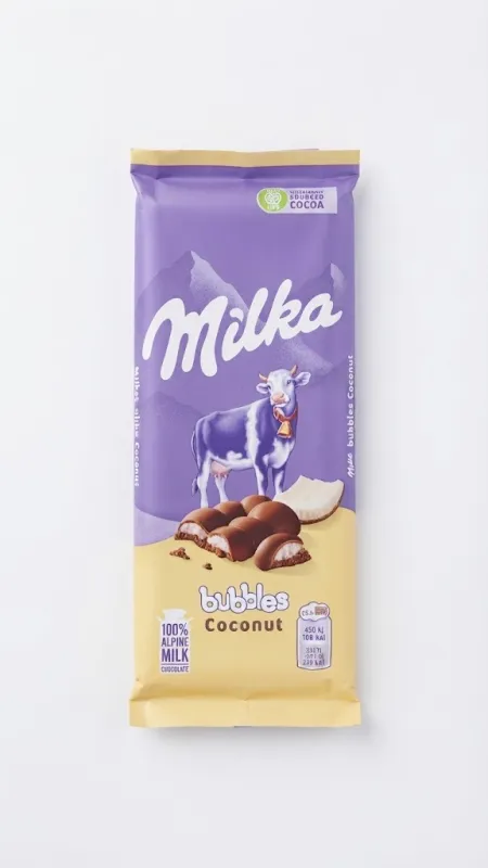 Молочный пористый шоколад Milka Bubbles Coconut с кокосовой начинкой