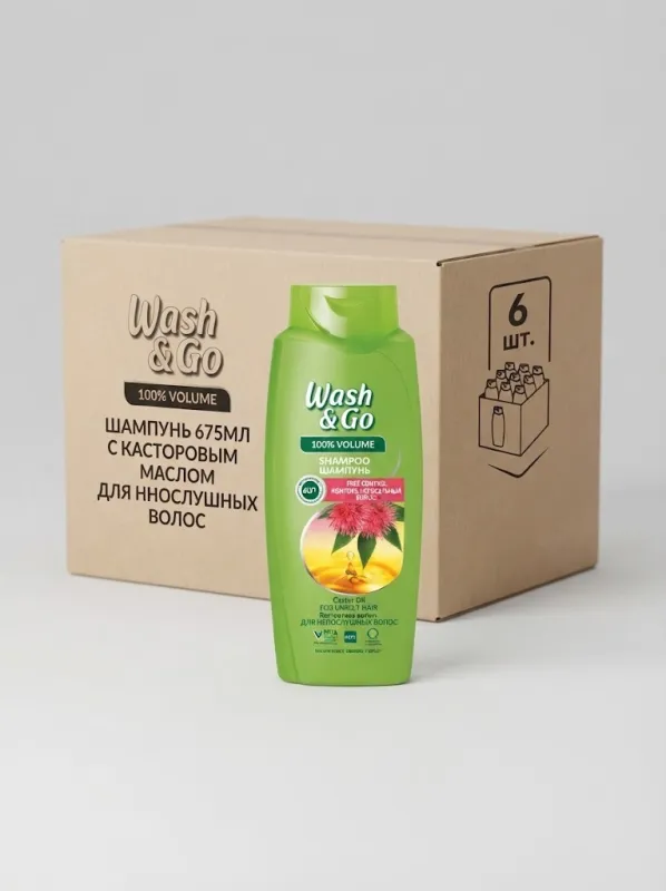 Шампунь для волос Wash & Go 675 мл с касторовым маслом для непослушных волос (Коробка, 6 штук)