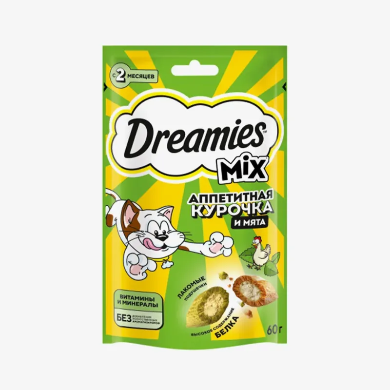 Лакомство Dreamies MIX для взрослых кошек с мятой и курицей 60 г