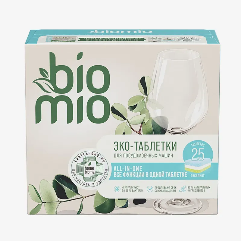 Таблетки BioMio для посудомоечной машины All in One с эфирным маслом эвкалипта, 25 х 16 г