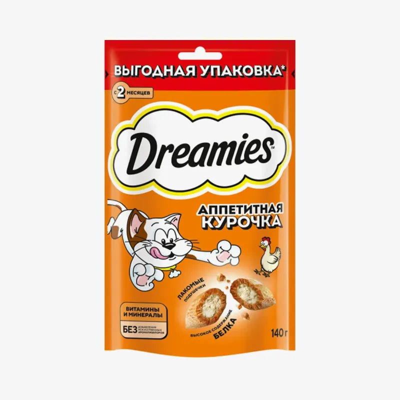 Лакомство Dreamies для кошек подушечки с&nbsp;курицей, 140 г
