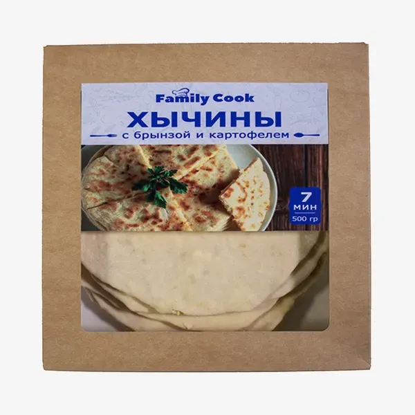 Хычины Family Cook - это традиционное кавказское блюдо, представляющее собой тонкие лепешки с начинкой, приготовленные по домашнему рецепту. Блюдо сырое, замороженное.