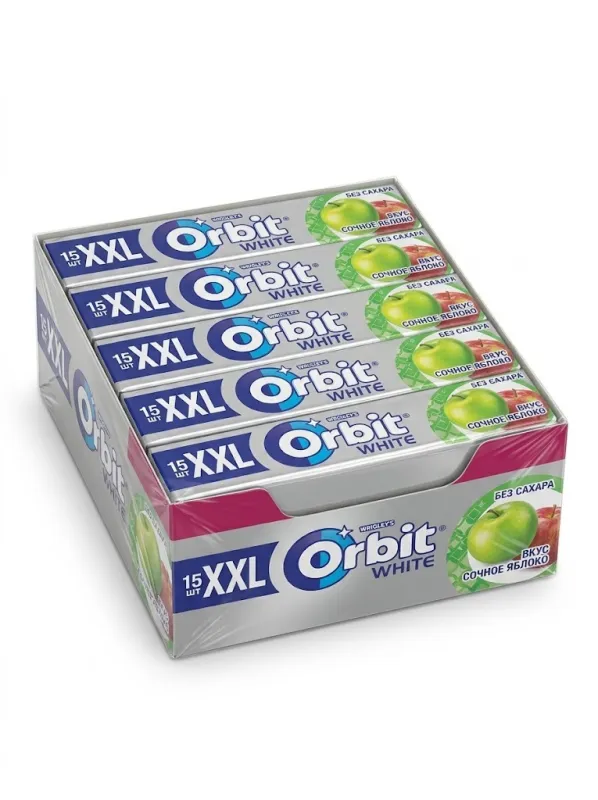 Жевательная резинка Orbit White XXL «Сочное яблоко» без сахара (блок 20 пачек х 20,4 г / 408 г)
