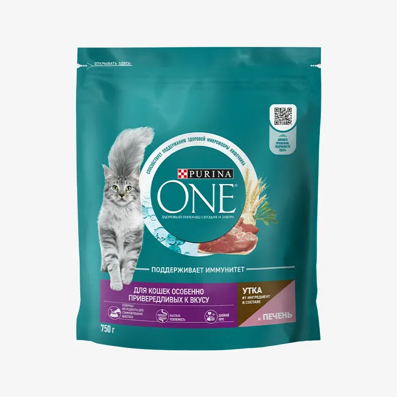 Сухой корм Purina One для кошек особенно привередливых к вкусу с высоким содержанием утки и c печенью, 750 г