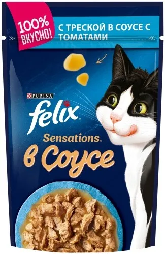 Felix Sensations кусочки в соусе треска, томаты 75 г 