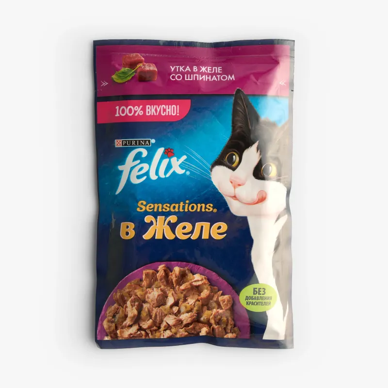 Корм Felix влажный Sensations с уткой в желе со шпинатом для взрослых кошек, 75 г