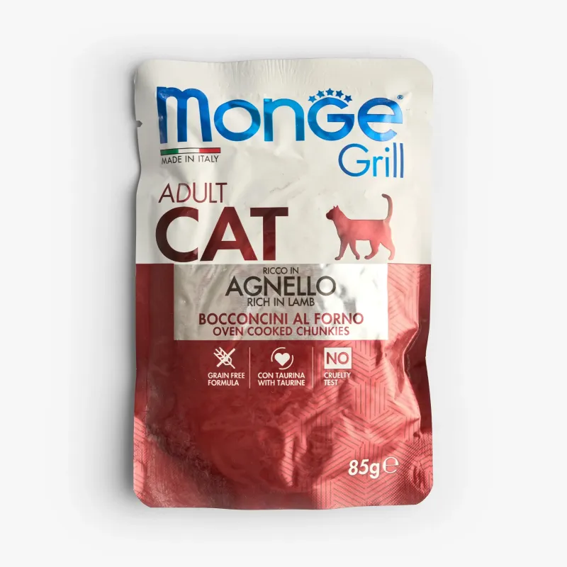 Корм Monge cat grill влажный для взрослых кошек с ягненком, 85 г