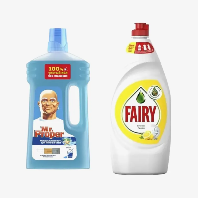 Моющая жидкость Mr.Proper для полов и стен Океан 1 л + средство Fairy для мытья посуды Сочный лимон 900 мл