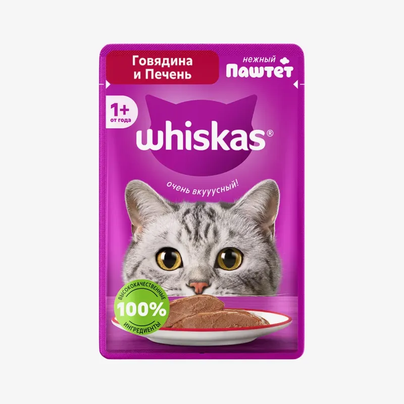 Влажный корм Whiskas для взрослых кошек паштет с говядиной и печенью, 75 г