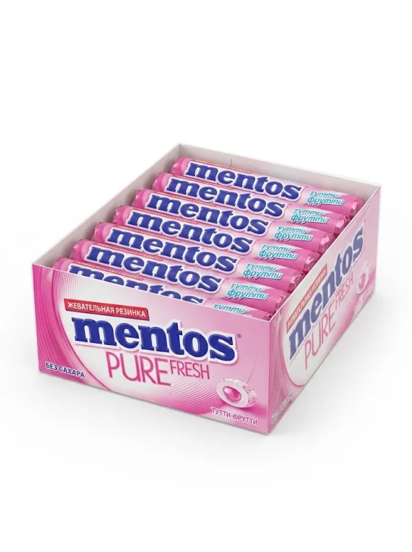 Жевательная резинка Mentos Pure Fresh «Тутти-Фрутти» без сахара (блок 24 шт. х 15,5 г / 372 г)