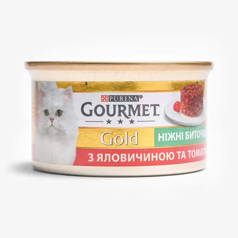 Корм Gourmet Gold влажный нежные биточки с говядиной и томатом для кошек, 85 г