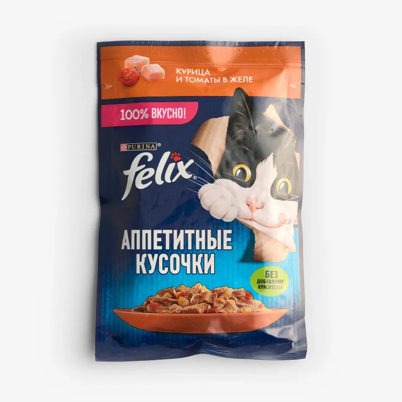 Корм Felix влажный аппетитные кусочки курица и томаты для кошек, 75 г