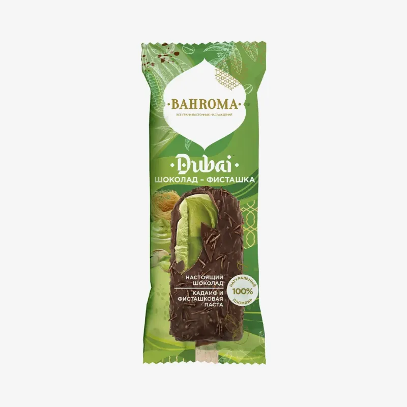 Мороженое Bahroma пломбир фисташка Dubai в шоколаде с кадаиф, 90 г
