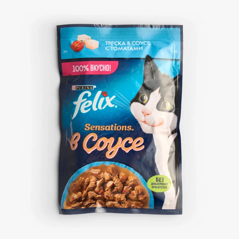Корм Felix влажный для кошек аппетитные кусочки треска в соусе с томатами, 75 г