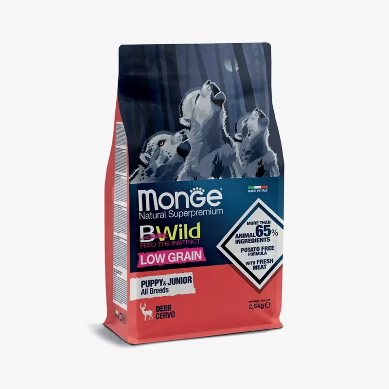 Сухой корм Monge BWild Low Grain для щенков и юниоров всех пород с мясом оленины низкозерновой, 2500 г