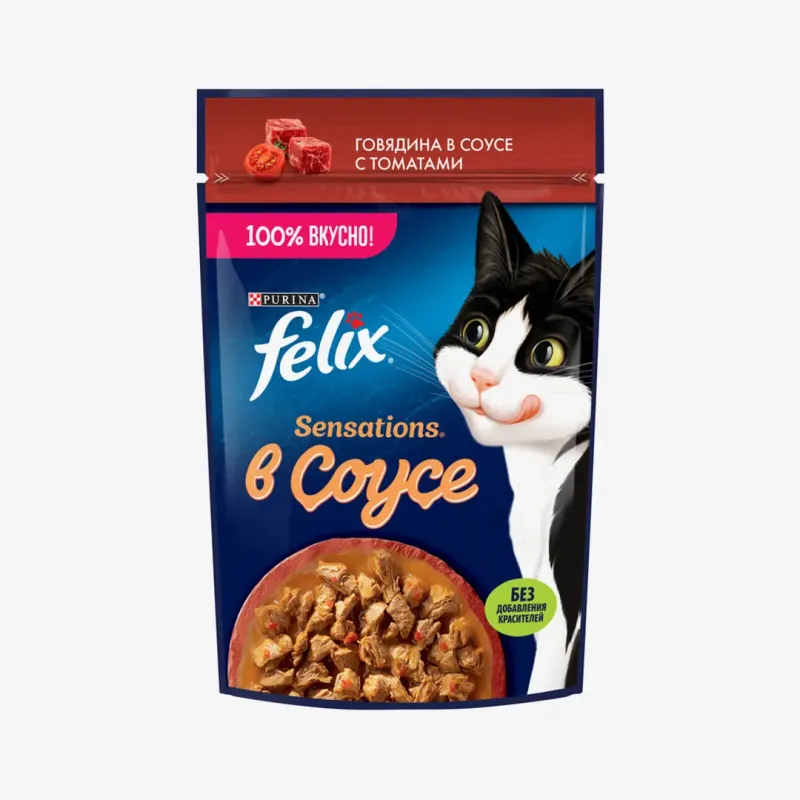Корм влажный Felix Sensations говядина в соусе с томатами для взрослых кошек, 75 г
