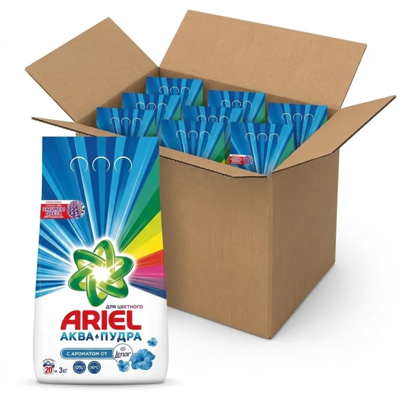Стиральный порошок Ariel Аква Пудра «С ароматом от Lenor» для цветного белья, 3 кг (Оптовая упаковка: 6 шт. в коробке, общий вес 18 кг)