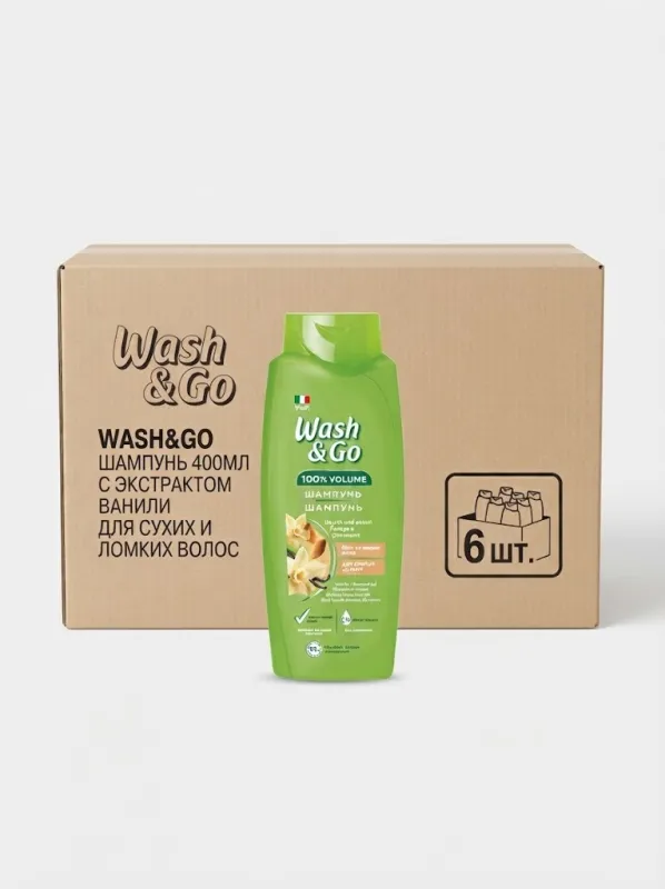 Шампунь для волос Wash & Go 400 мл с экстрактом ванили для сухих и ломких волос (Коробка, 6 штук)