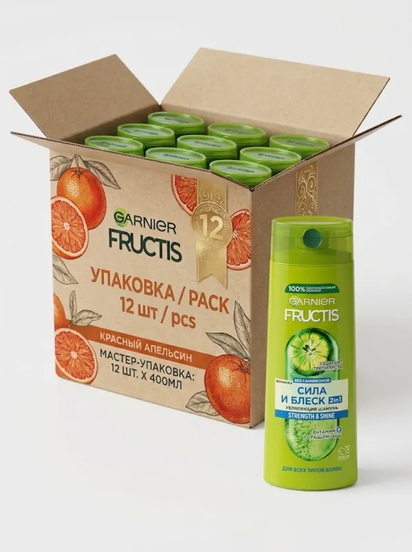 Шампунь Garnier Fructis 400 мл «Сила и Блеск 2в1» — оптовая упаковка 12 шт