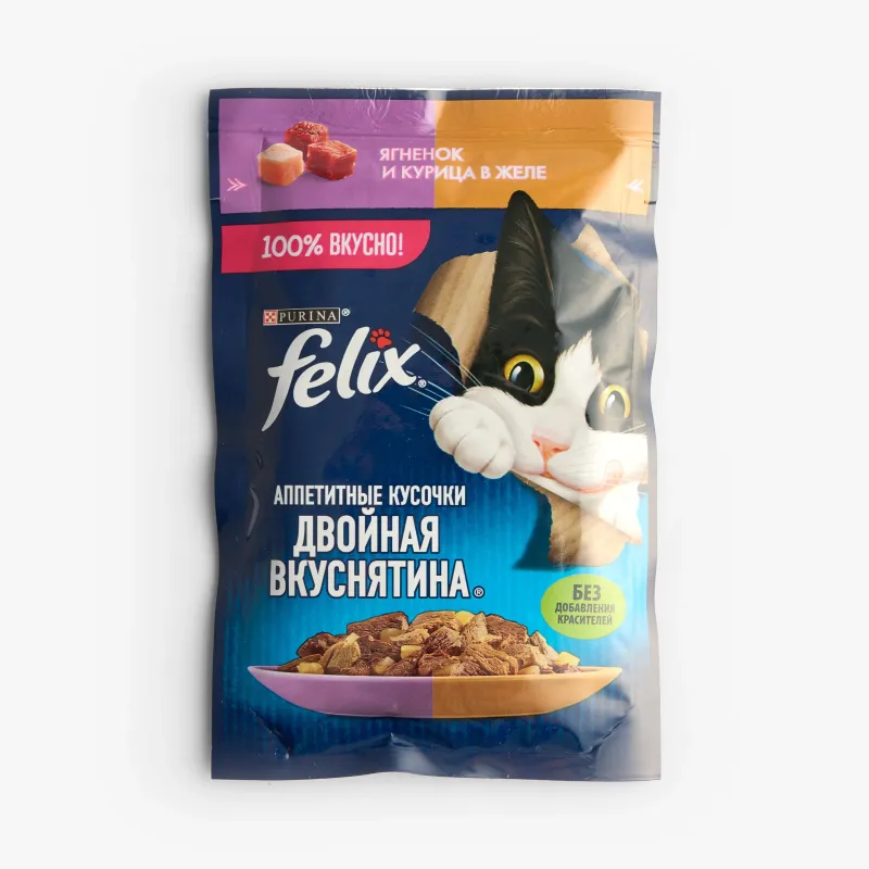 Корм Felix влажный двойная вкуснятина ягненок и курица в желе для взрослых кошек, 75 г