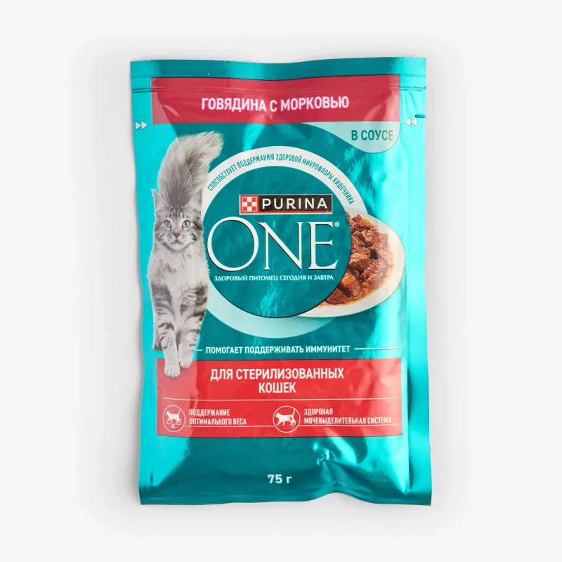 Корм Purina One влажный говядина с морковью для стерилизованных кошек, 75 г