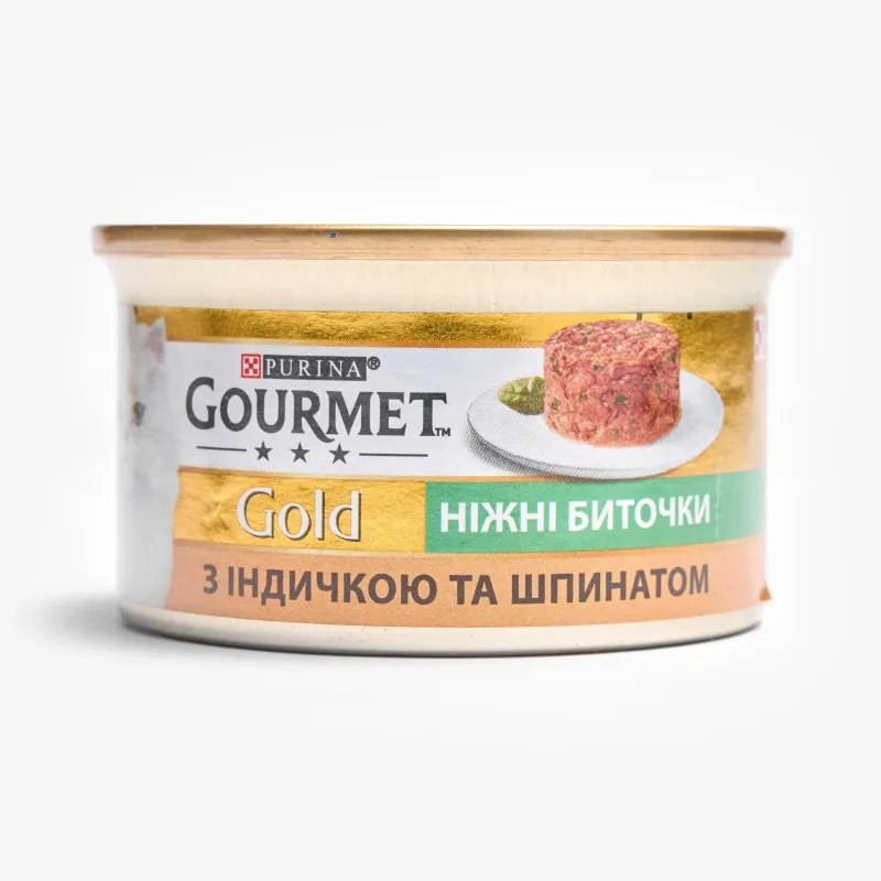 Корм Gourmet Gold влажный нежные биточки с индейкой и шпинатом для кошек, 85 г