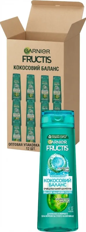 Шампунь Garnier Fructis «Кокосовый Баланс» для волос жирных у корней и сухих на кончиках, оптовая упаковка 12 шт.