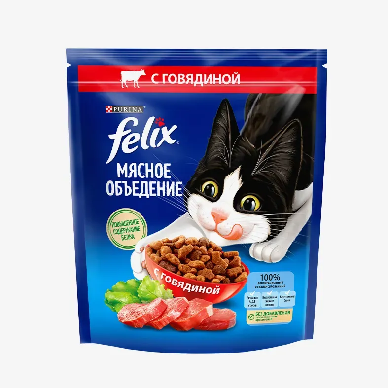 Сухой корм Felix мясное объедение для взрослых кошек, с говядиной 600 г