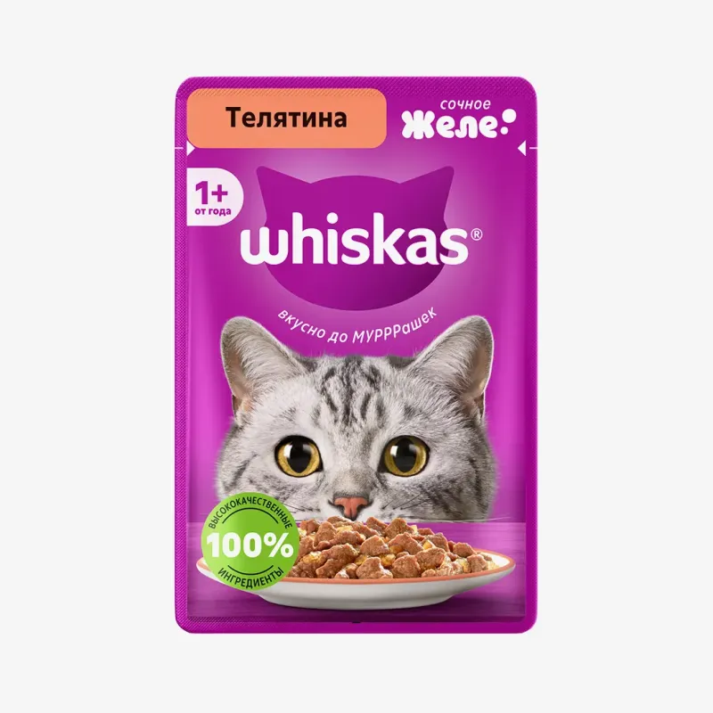 Влажный корм Whiskas для взрослых кошек желе с добавлением телятины, 75 г