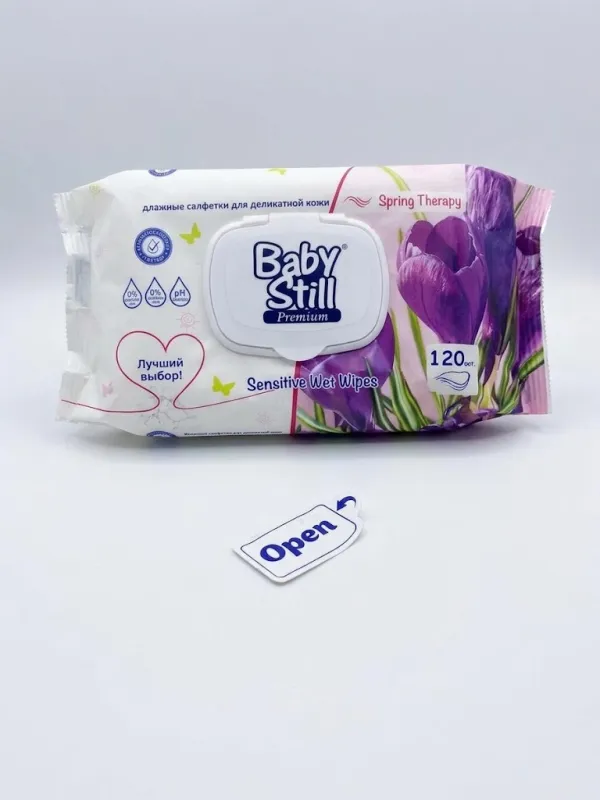 Детские влажные салфетки Baby Still Premium Sensitive Spring Therapy с пластиковым клапаном, 120 шт. (24 пачки в коробке)