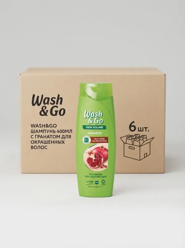 Шампунь для волос Wash & Go 400 мл с гранатом для окрашенных волос (Коробка, 6 штук)