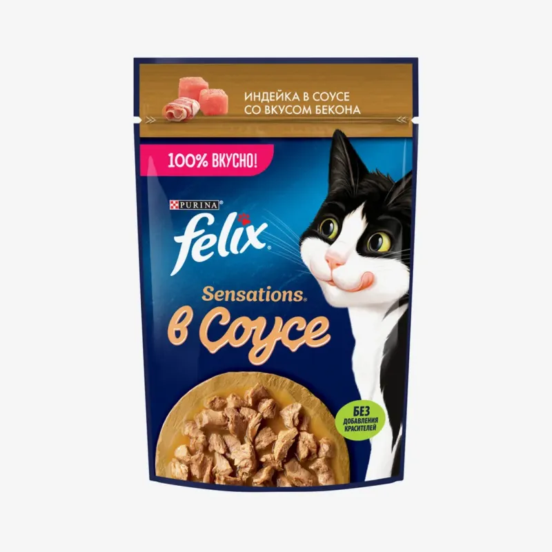 Корм влажный Felix Sensations индейка в соусе со вкусом бекона для взрослых кошек, 75 г