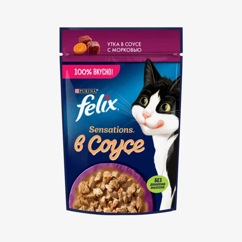 Корм влажный Felix Sensations утка в соусе с морковью для взрослых кошек, 75 г