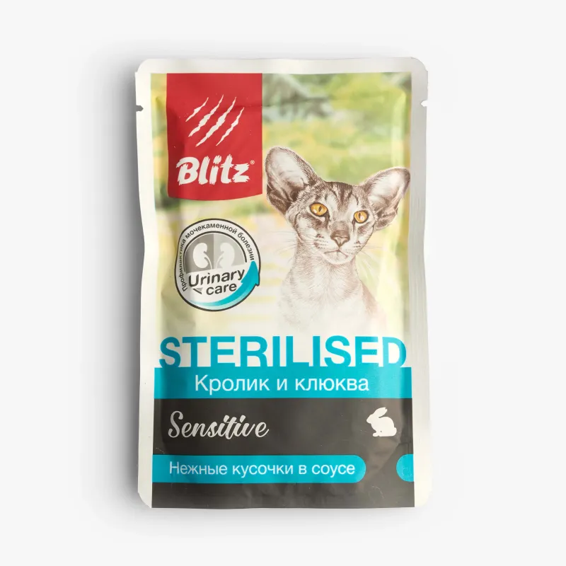 Корм Blitz Sterilised кролик и клюква кусочки в соусе для стерилизованных кошек 85 г