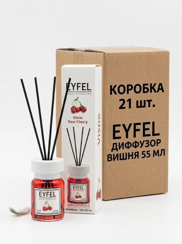 Аромадиффузор для дома EYFEL Perfume Visne / «Вишня» с палочками (55 мл, оптовая коробка 21 шт.)