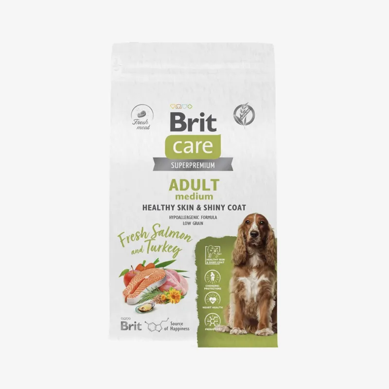 Сухой корм Brit Care с лососем и индейкой Dog Adult Medium Healthy Skin&Shiny Coat 1.5 кг