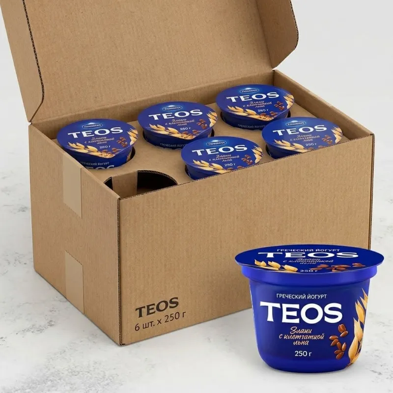 Греческий Йогурт "TEOS" Злаки с клетчаткой льна, 2%, 250гр, коробка 6шт.