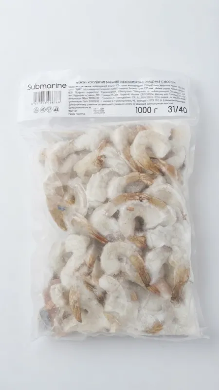 КРЕВЕТКИ КОРОЛЕВСКИЕ ВАННАМЕЙ СВЕЖЕМОРОЖЕНЫЕ ОЧИЩЕННЫЕ С ХВОСТИКОМ (1000 Г, КАЛИБР 31/40) — SUBMARINE