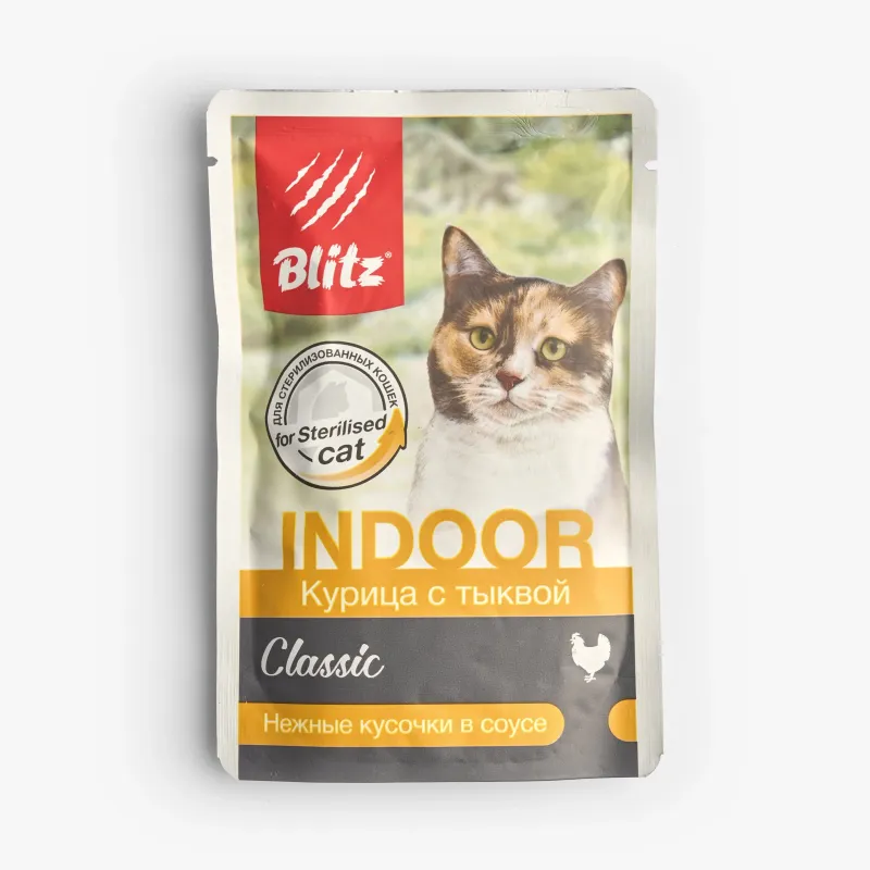Корм Blitz влажный Indoor курица с тыквой кусочки в соусе для стерилизованных кошек, 85 г
